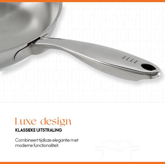 Poêle wok ELLE Gourmet Classique en acier inoxydable avec couvercle - Ø 28 cm - Sans PFAS - Induction