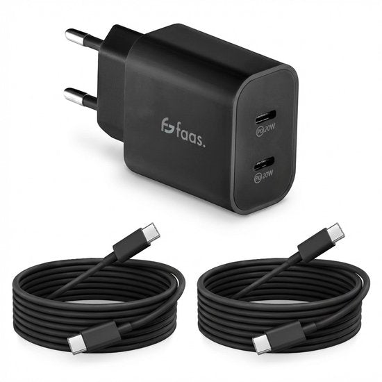 Faas USB C Charger - Chargeur rapide - 40W - 2x 20W Port - 2 câbles - 1.5 mètres - USB C Cable - USB C to USB C - Black