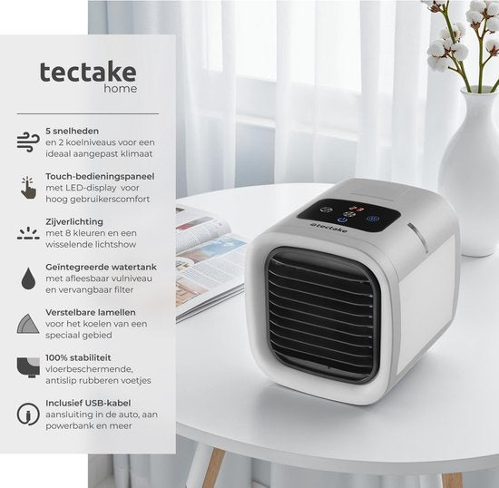 tectake® Air Cooler Frosty avec éclairage LED - 2 modes de refroidissement - 8W - Refroidisseur d'air 3-en-1 avec réservoir d'eau - Sans tuyau de vidange - Câble USB et entonnoir inclus - Mini climatiseur - Gris