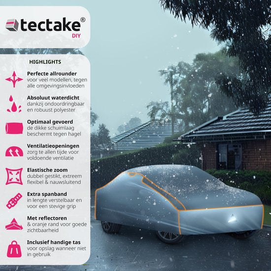 tectake® Car cover - Bâche voiture - Protection contre la grêle - Couverture imperméable - Respirante - Garage auto élastique - Accessoires auto avec sac de rangement - Compatible avec de nombreux modèles - Taille (LxLxH) 406x165x120 cm - Petit
