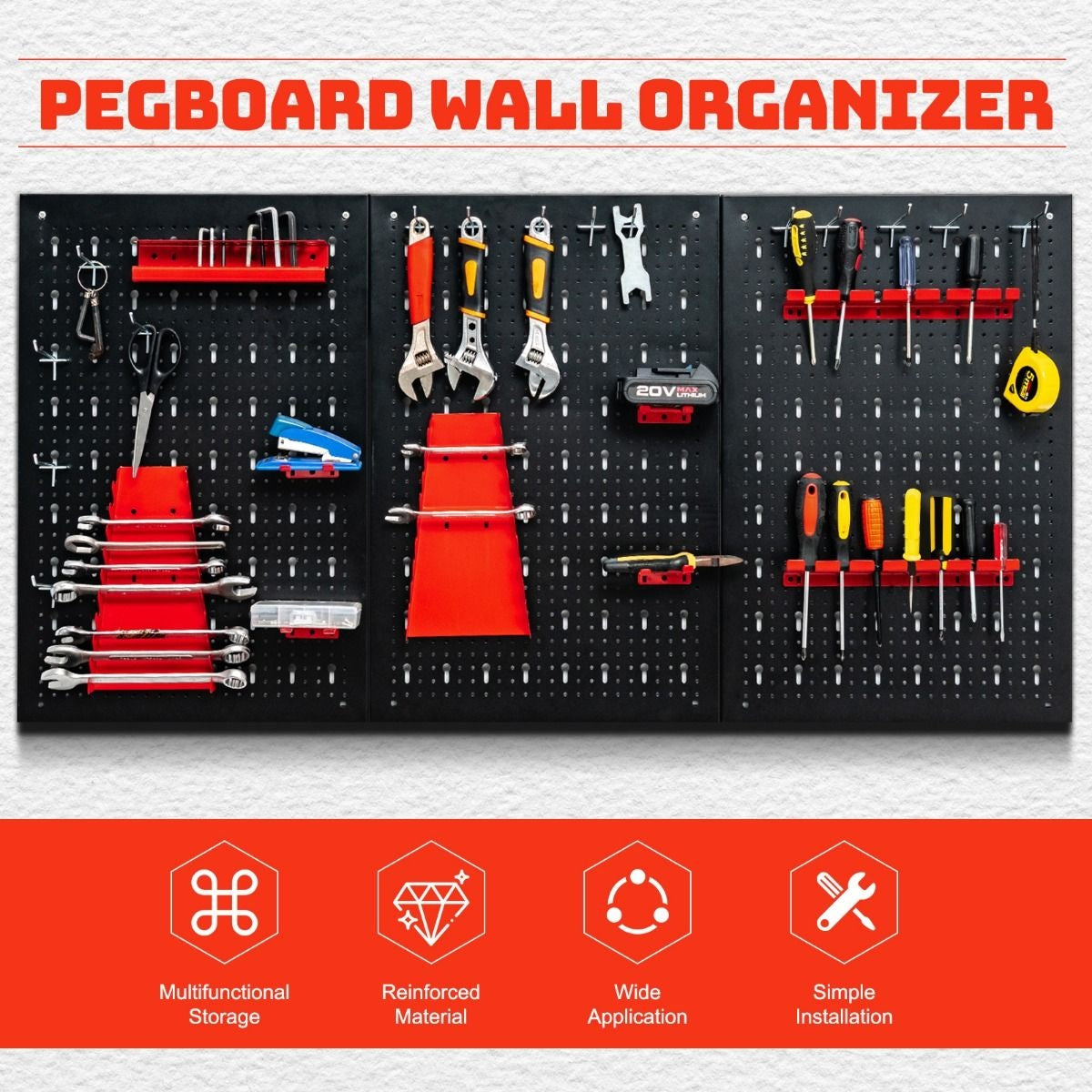 Pegboard Wall Organizer Metal Pegboard Tools Storage Kit with 3 Pegboards & 25 Hanging Accessories Black+Red