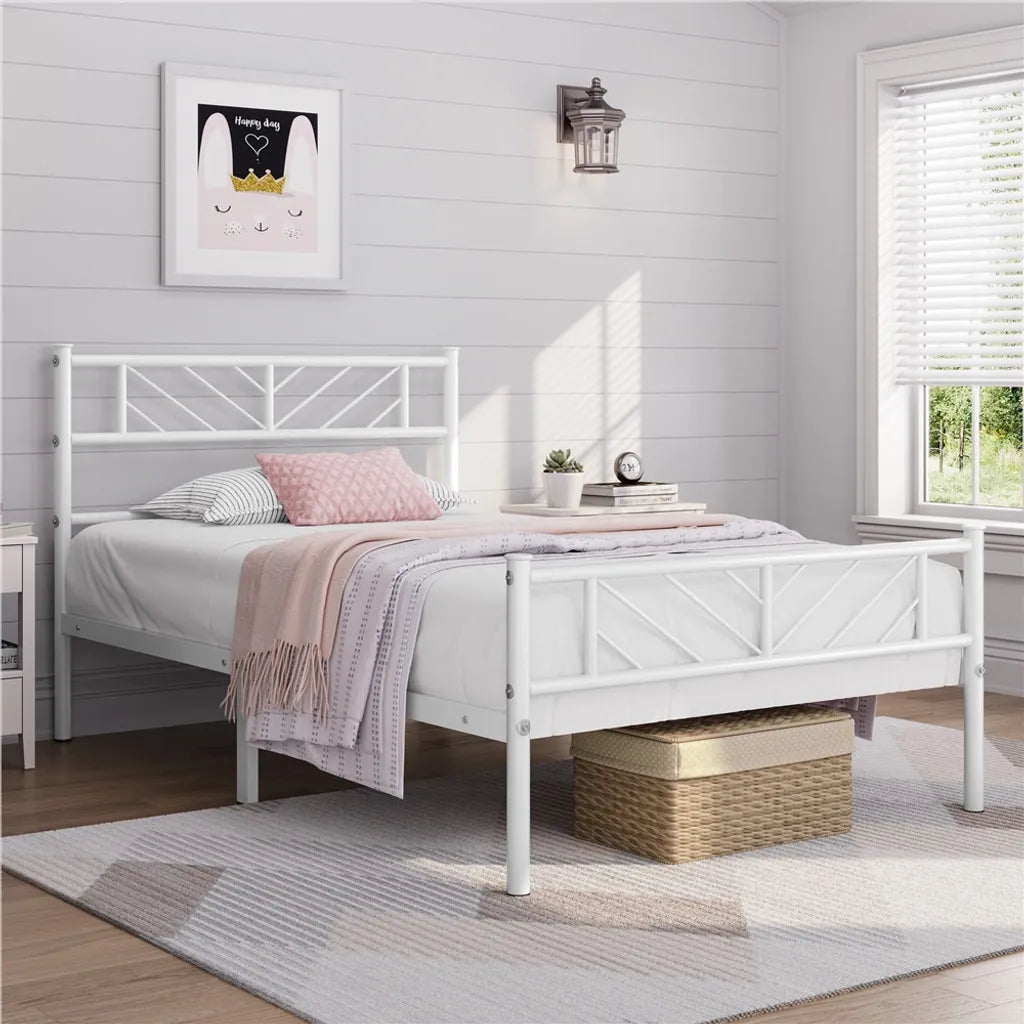 Yaheetech : cadre de lit en métal 90 x 190 cm avec tête de lit, blanc