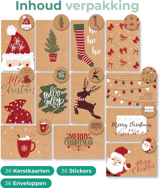 Giftmas Christmas Collection - Set de cartes de vœux et de cartes de Noël - 36 cartes de vœux avec 12 motifs - Enveloppes et autocollants inclus - Papier kraft avec impression en noir pour les fêtes - 20×15 cm