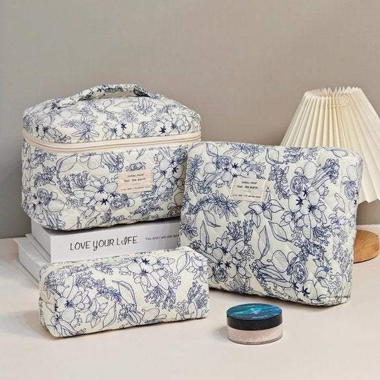 Skycases Travel Essentials - Trousse de maquillage 3 pièces - Coton écologique - Organisateurs floraux matelassés - Spacieuse, durable et idéale pour les voyages