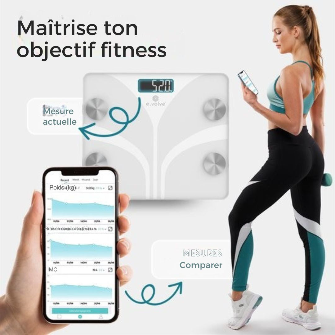 Pèse-personne numérique e.volve - Balance intelligente avec analyse corporelle - App. incluse - blanc