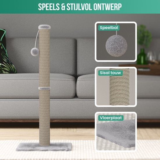 Avalo griffoir avec boule de jeu - 36x36x74 - Gris clair - Griffoir pour chat