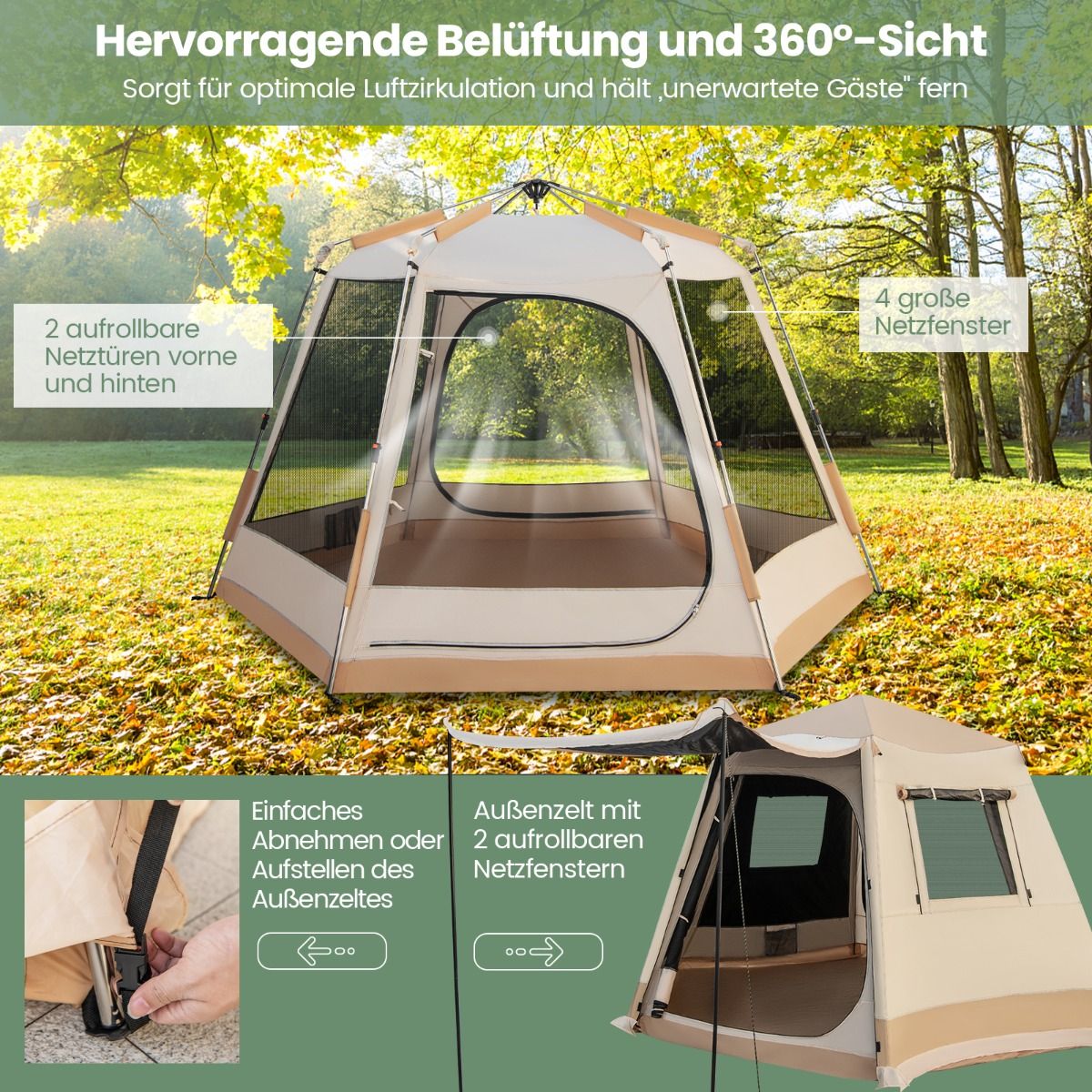 Tente de camping éphémère Coast - Montage automatique - Tente cabine à double paroi - Beige 330 x 270 x 200 cm