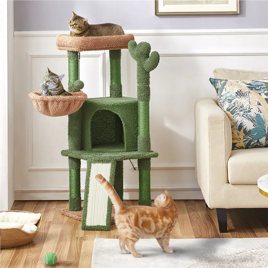 Yaheetech Arbre à chat « Kaktus » XS 42,5 x 42,5 x 106,5 cm - Vert/Marron - Arbre à chat avec maison, panier suspendu et poteaux en sisal