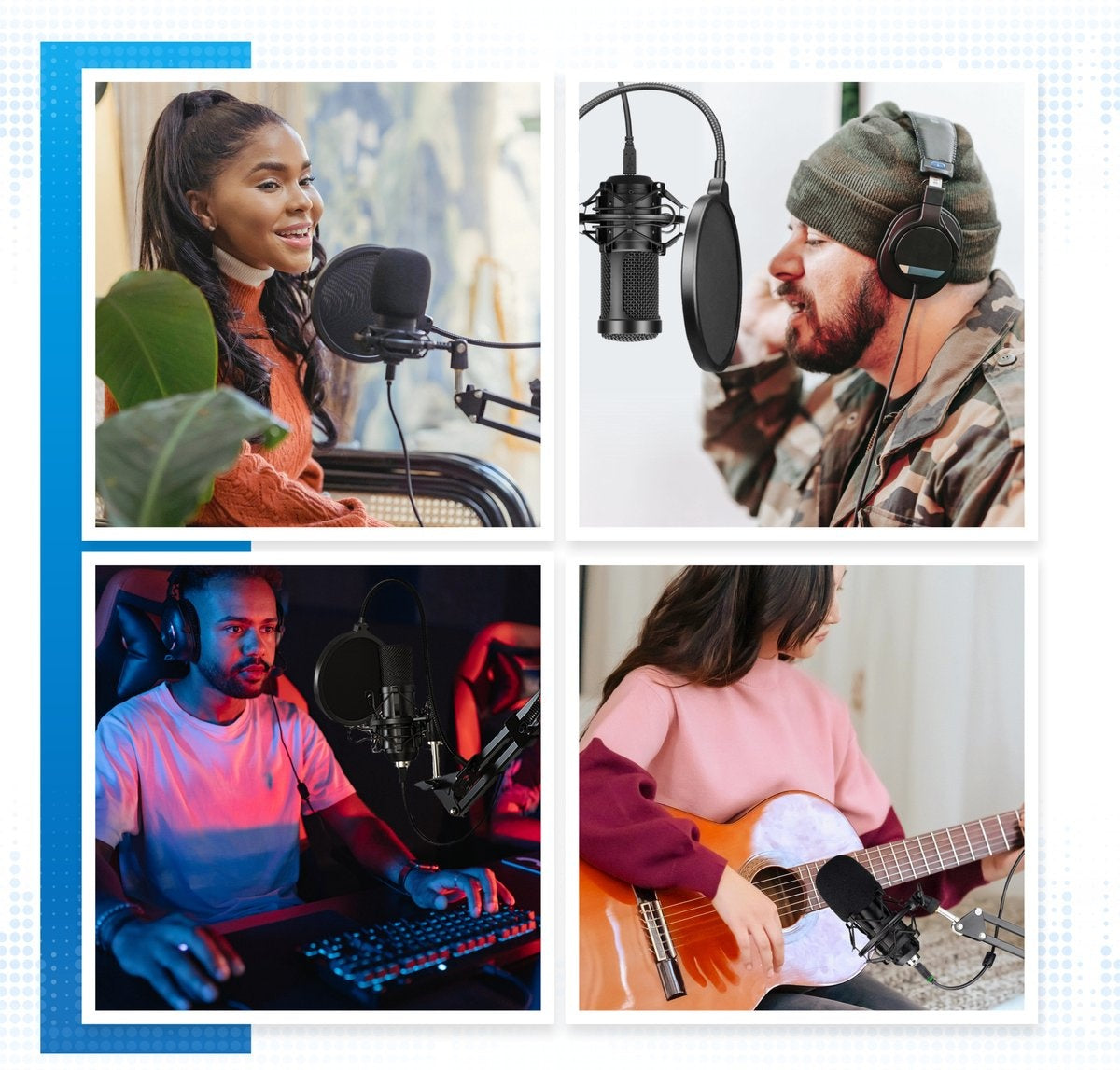 Microphone à condensateur avec bras - Gaming - Cardioïde - Microphone pour PC - USB - Avec support - Plop Cap - Filtre de bruit - Laptop - Streaming