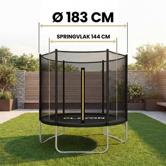 Trampoline Playon - Trampoline avec filet de sécurité - Trampoline pour enfants - Ø 183 cm – Protection latérale incluse – Résistant à l'eau et aux UV - Noir