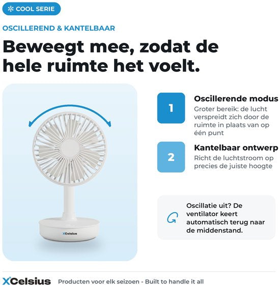 Ventilateur de table sans fil XCelsius® - Ventilateur de bureau, de table et de poste de travail - Rechargeable via USB-C - 4 vitesses - Mode oscillant - Inclinable - Utilisable pendant la recharge - Blanc