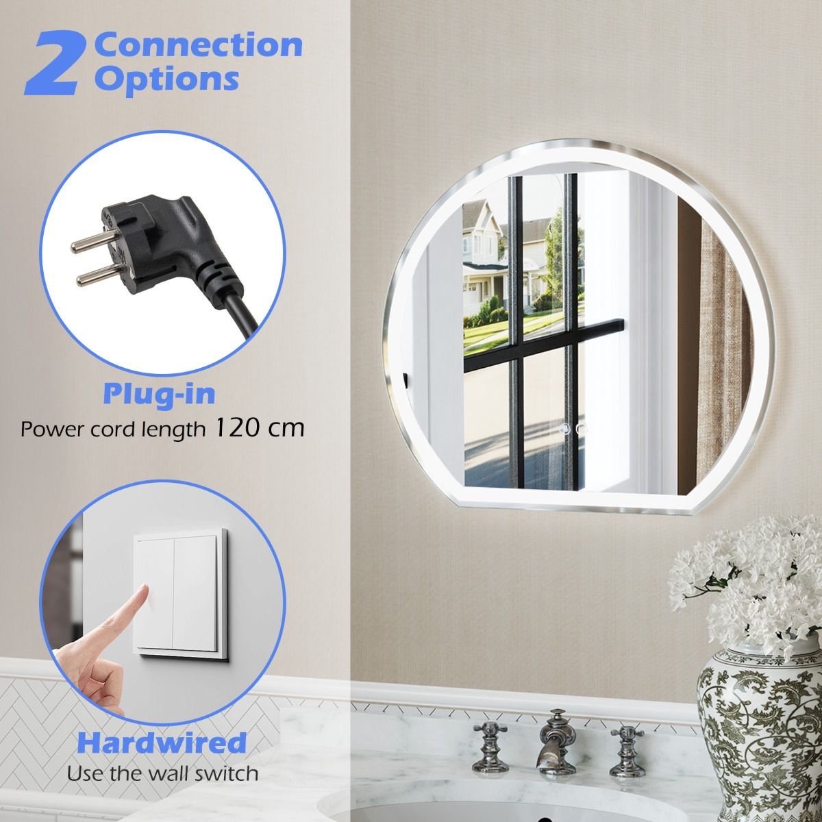 Coast 60 x 54 cm LED Miroir de salle de bain Miroir mural rond argenté avec éclairage à 3 couleurs graduables, antibuée et fonction mémoire