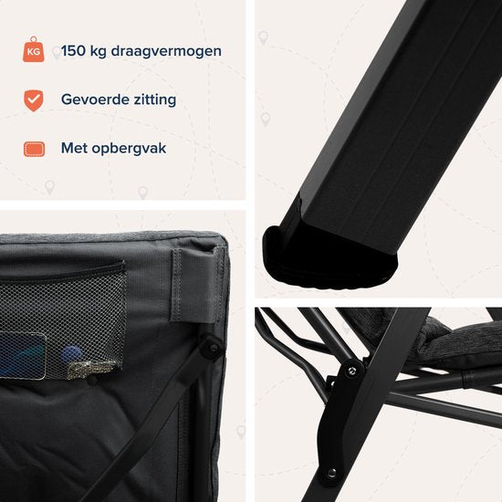 TRVLMORE Chaise de camping - Sac de transport inclus - Chaise pliante confortable - Capacité de charge de 150 kg - Chaise de camping - Rangement - Chaise pliante - Noir
