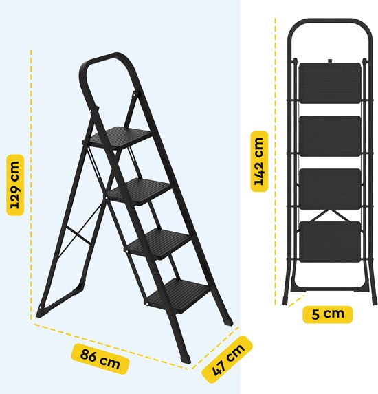 BRASQ Échelle ménagère 4 marches noire - Échelle de cuisine en métal pliable pour usage privé et professionnel - Échelle - Antidérapante