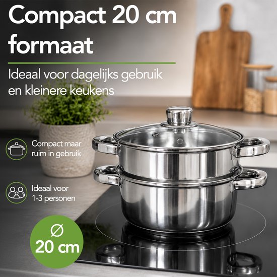 Casserole à vapeur Aviro - Couvercle en verre - 3,1 L - 20 cm - Induction et gaz - Cuiseur à vapeur 3 pièces pour riz et légumes - Acier inoxydable