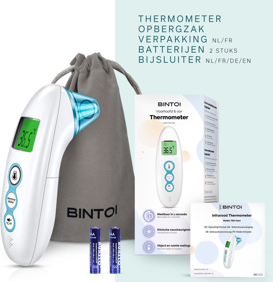 Bintoi® X100 Thermomètre infrarouge - Thermomètre digital auriculaire et frontal - Thermomètre médical pour bébés et adultes - Mesure en 1 seconde - Thermomètre 3-en-1 - Piles incluses