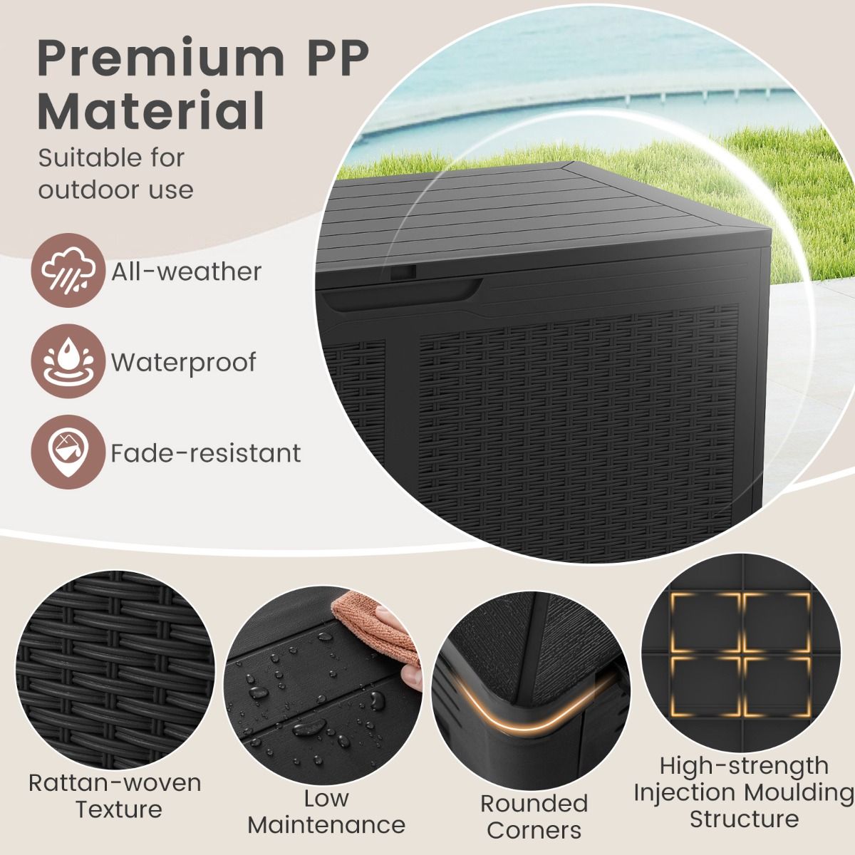 Coast Coffre de jardin à roulettes - coffre de rangement étanche - banc - noir - 380 litres
