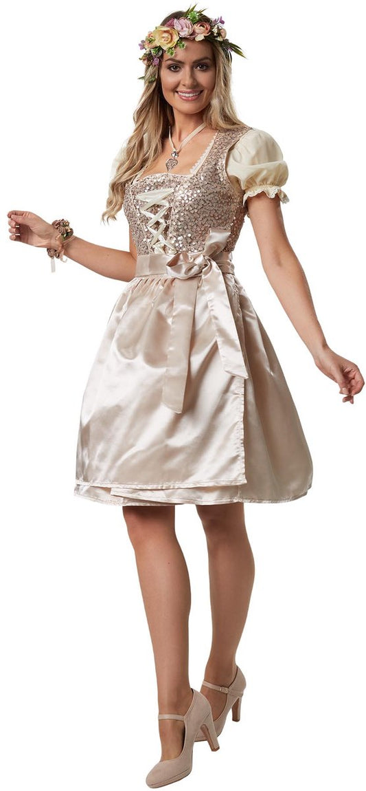 Dressforfun - Mini Dirndl Burgau Model 1 - Dirndl court et ajusté en beige avec paillettes et satin brillant - Taille XL