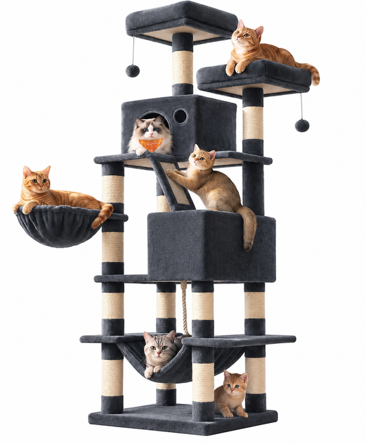 Songmics Arbre à chat 168 cm - Tour pour chat avec 13 poteaux à griffer - Gris fumé