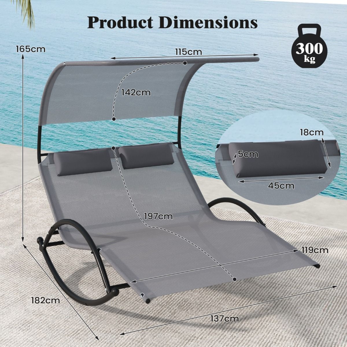 Chaise longue deux places avec auvent et structure en métal - Coast Outdoor Lounger Double Swing - 182x137x165 cm - Gris