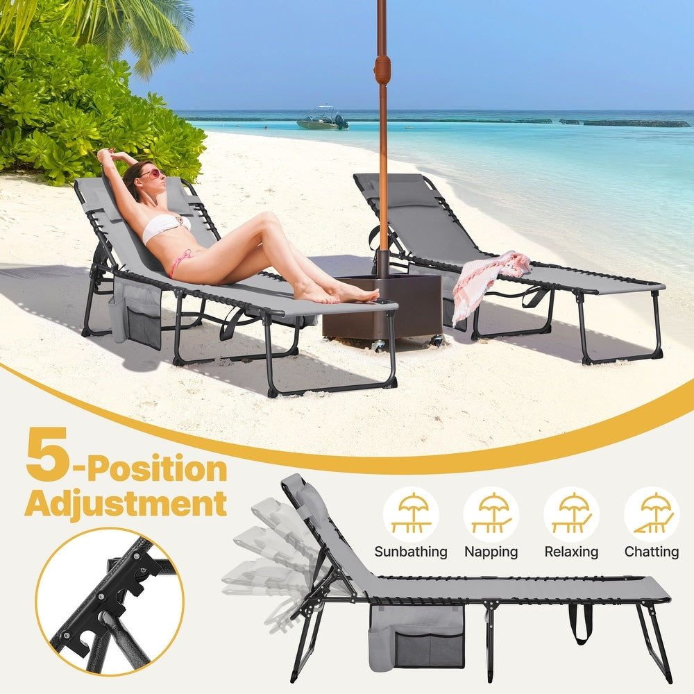 Chaise longue Yaheetech 165-189 x 57 cm - 5 positions - Pliable - Texteline - Gris/Beige
