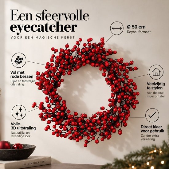 Mica Decorations : Décoration de Noël avec des baies rouges - Couronne de Noël pour créer une ambiance festive chez vous - Ø 50 cm en mousse - Couronne de porte d'intérieur pour la période de Noël - Rouge