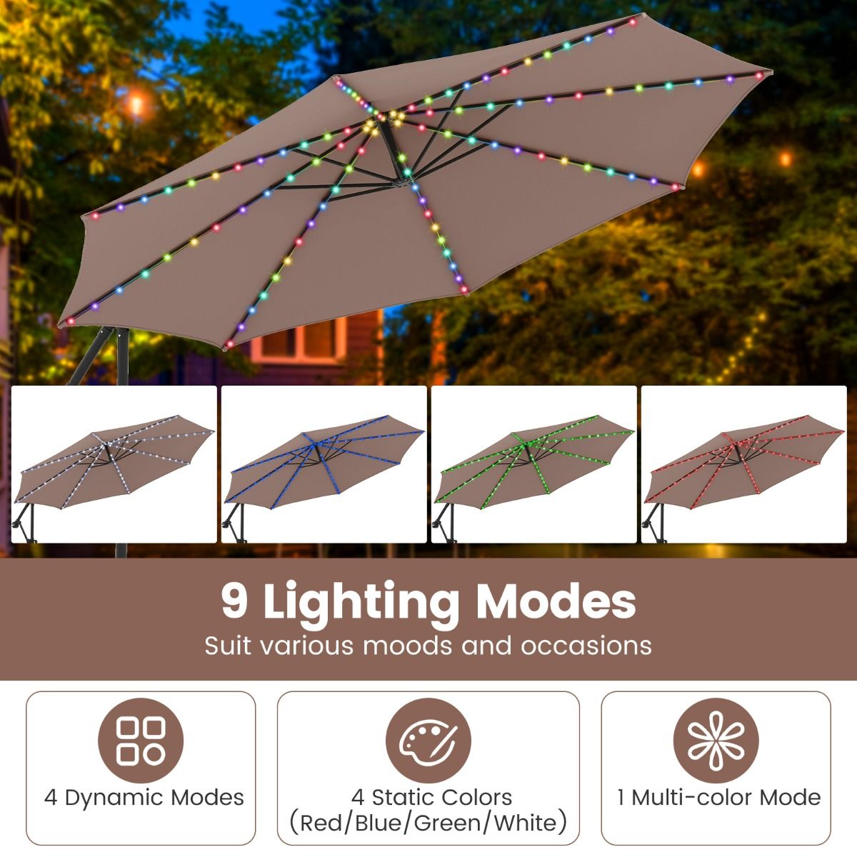 Parasol suspendu Coast avec éclairage LED - 9 modes d'éclairage - avec sacs de sable et balancier - marron - 300 x 260 cm