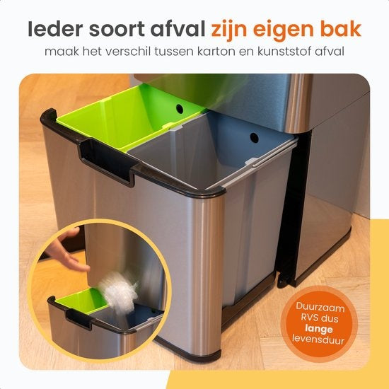 Poubelle de tri sélécrtif automatique - Goliving  - 64 L - Poubelle à détécteur - Séparation des déchets - Détecteur mains libres - Résistant à l'humidité - Acier inoxydable - 40L + 2x12L + 8L - Argenté