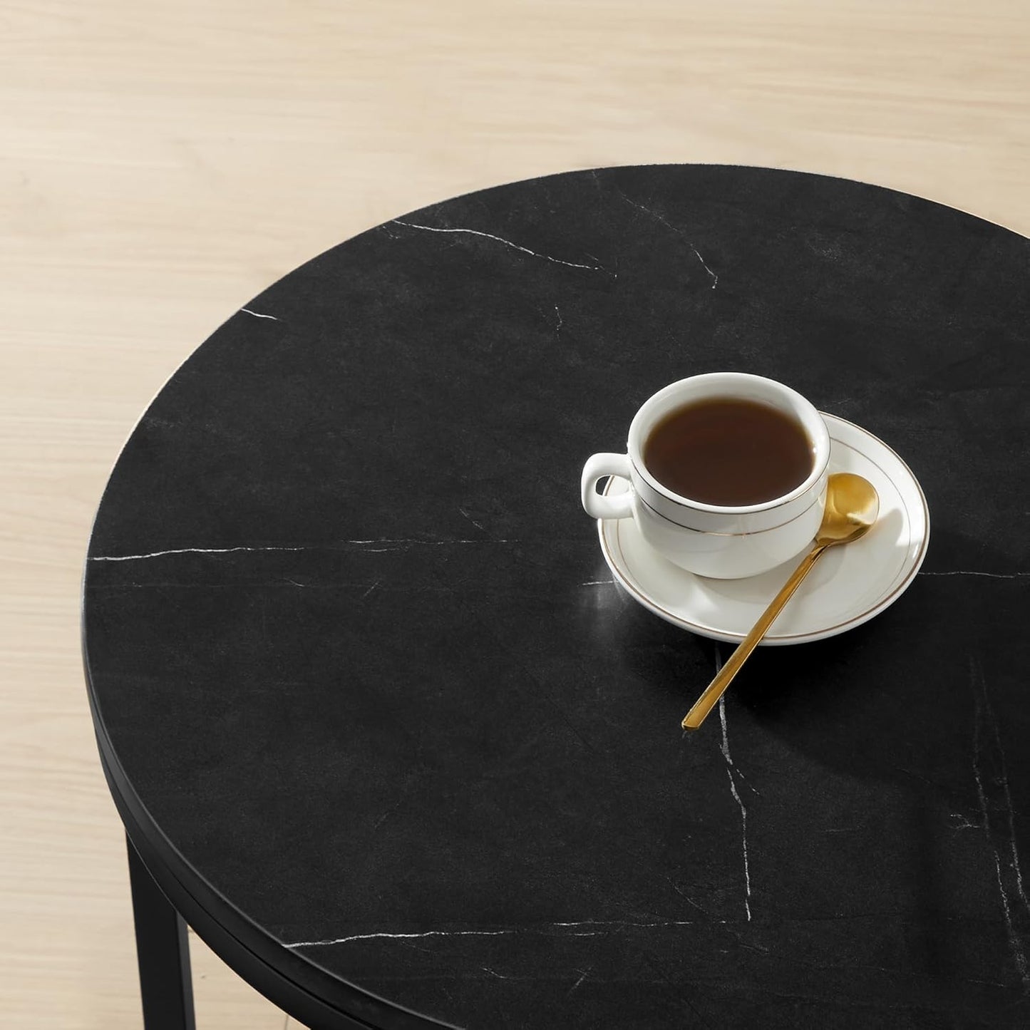 Table d'appoint ronde Vasagle à 2 niveaux - Plateau en marbre noir - Piètement en acier noir d'encre - Verre trempé - Ø 45 x 55 cm