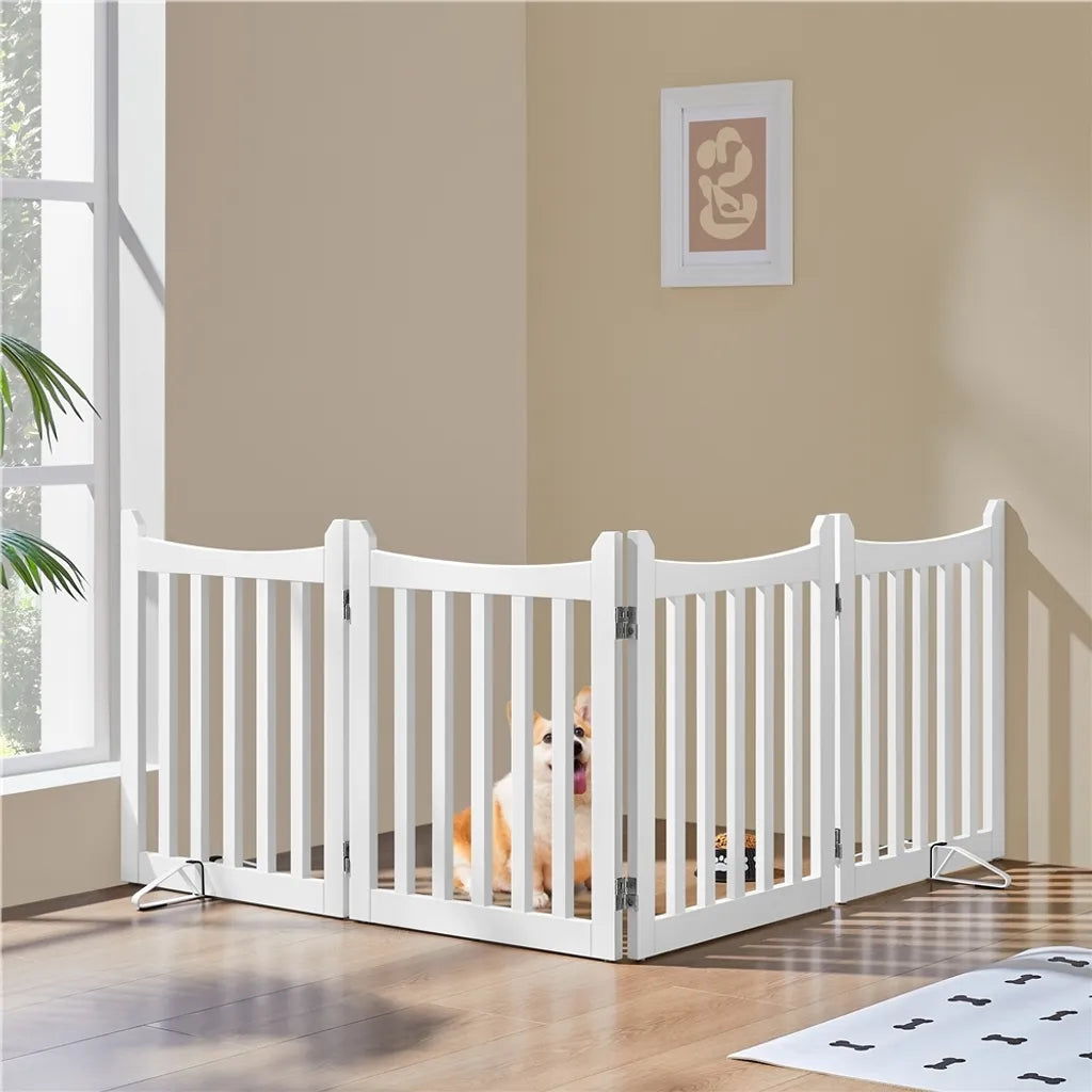 Barrière pliable pour chiens Yaheetech 204,5 x 60,5 cm - Blanche - Barrière de sécurité en bois à 4 panneaux
