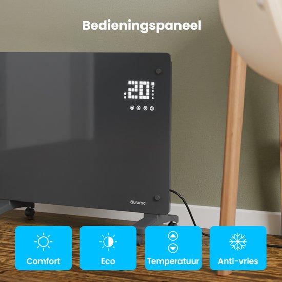 Auronic Electric Heater - Convector Heater with Thermostat and Remote Control - Glass Panel Heater - 1500W Heater - Grey