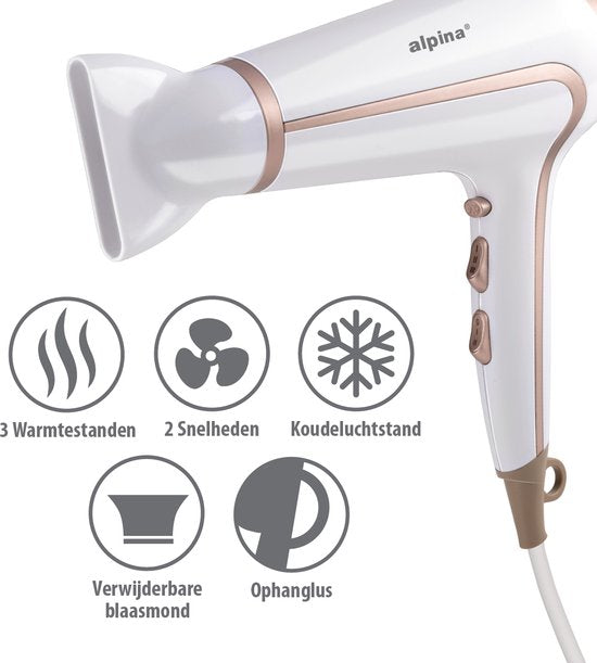 alpina Föhn 1600-2000 W - Sèche-cheveux avec 3 réglages de chaleur - Sèche-cheveux avec fonction « Cool Shot » - Sèche-cheveux avec embout supplémentaire et anneau de suspension - Blanc/Rosé