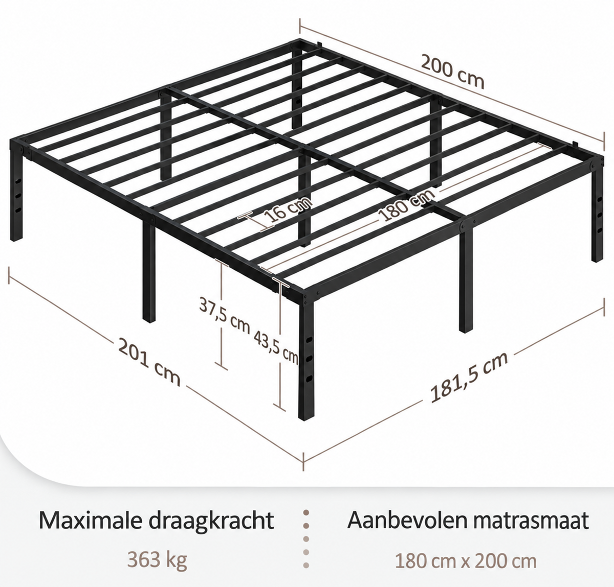 Lit double en métal Yaheetech - Noir - 201 x 181 x 41,5 cm - Matelas 180 x 200 cm, avec sommier à lattes