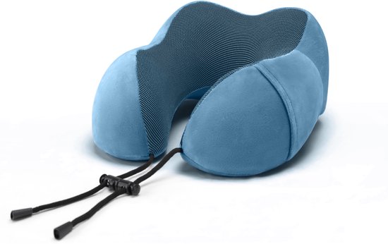 SKYCASES Travel Essentials - Ensemble d'oreillers de cou 3 pièces - Oreiller de voyage ergonomique en mousse à mémoire de forme avec masque pour les yeux et bouchons d'oreille - Idéal pour l'avion, la voiture et le train - Compact et luxueux - Bleu royal