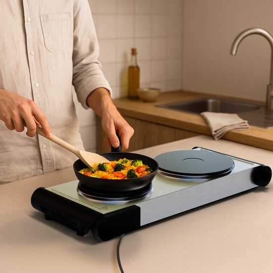 KitchenBrothers Table de cuisson électrique - 2 brûleurs - pose libre - 7 niveaux de température - 1500W + 1000W - inox/noir