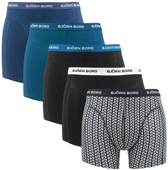 Björn Borg Cotton Stretch Boxer Shorts Men - Black/Print/Blue - 5 pièces - Pantalon homme - Boxer - Taille M