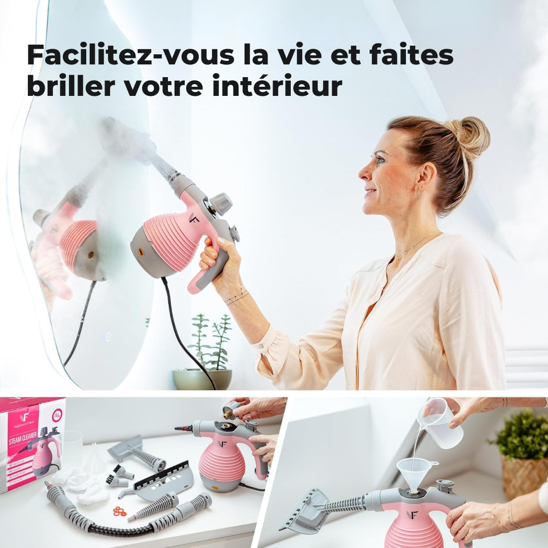 Nettoyeur vapeur à main – Réglage de la vapeur – Comprend 10 accessoires – Réservoir de 350 ml – Rose