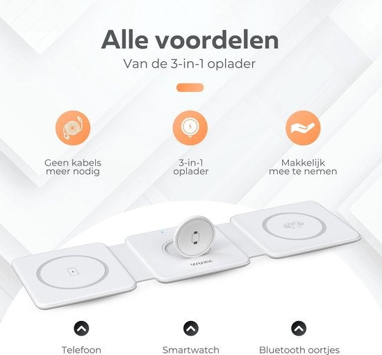 Wurk - Chargeur sans fil 3-en-1 - Comprend un adaptateur de charge rapide - Pliable - Convient à iPhone et Android - 15W