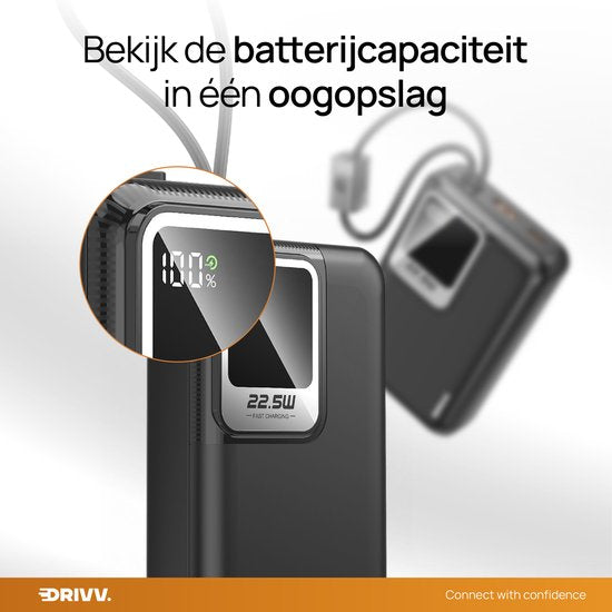 Drivv. Batterie externe 20 000 mAh - Avec câble 8 broches et USB-C intégré - Câble de recharge 60 W inclus - Fonction de recharge rapide 22,5 W - USB / USB-C - Kit d'urgence