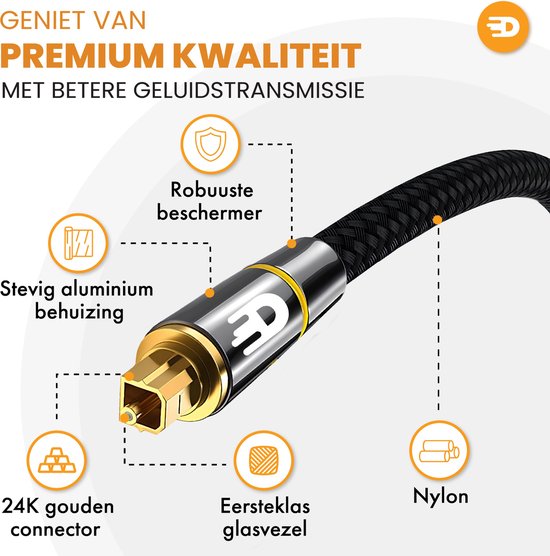 Drivv. Premium Toslink Optical Cable Nylon - Câble audio optique - Mâle vers Mâle - 2 mètres - Noir