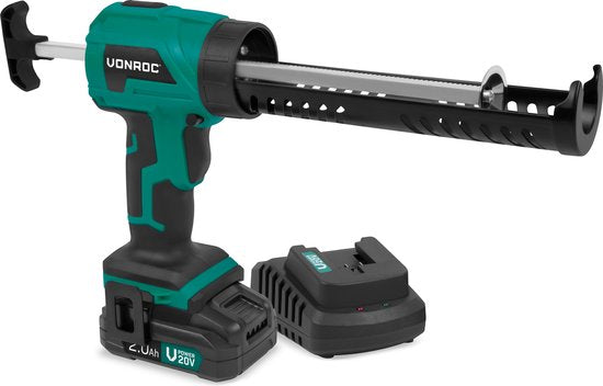 Pistolet à mastic sans fil VONROC 20 V - force de poussée 1,18 kN/120 kg - avec réglage de vitesse variable - compatible avec toutes les cartouches de mastic courantes - Batterie 2,0 Ah et chargeur rapide inclus