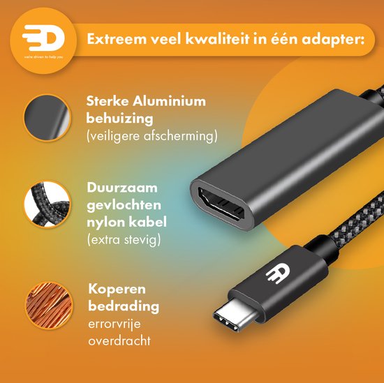 Drivv. Adaptateur USB C vers HDMI - Supporte 4K 60Hz - Thunderbolt 3 - Nylon - Gris