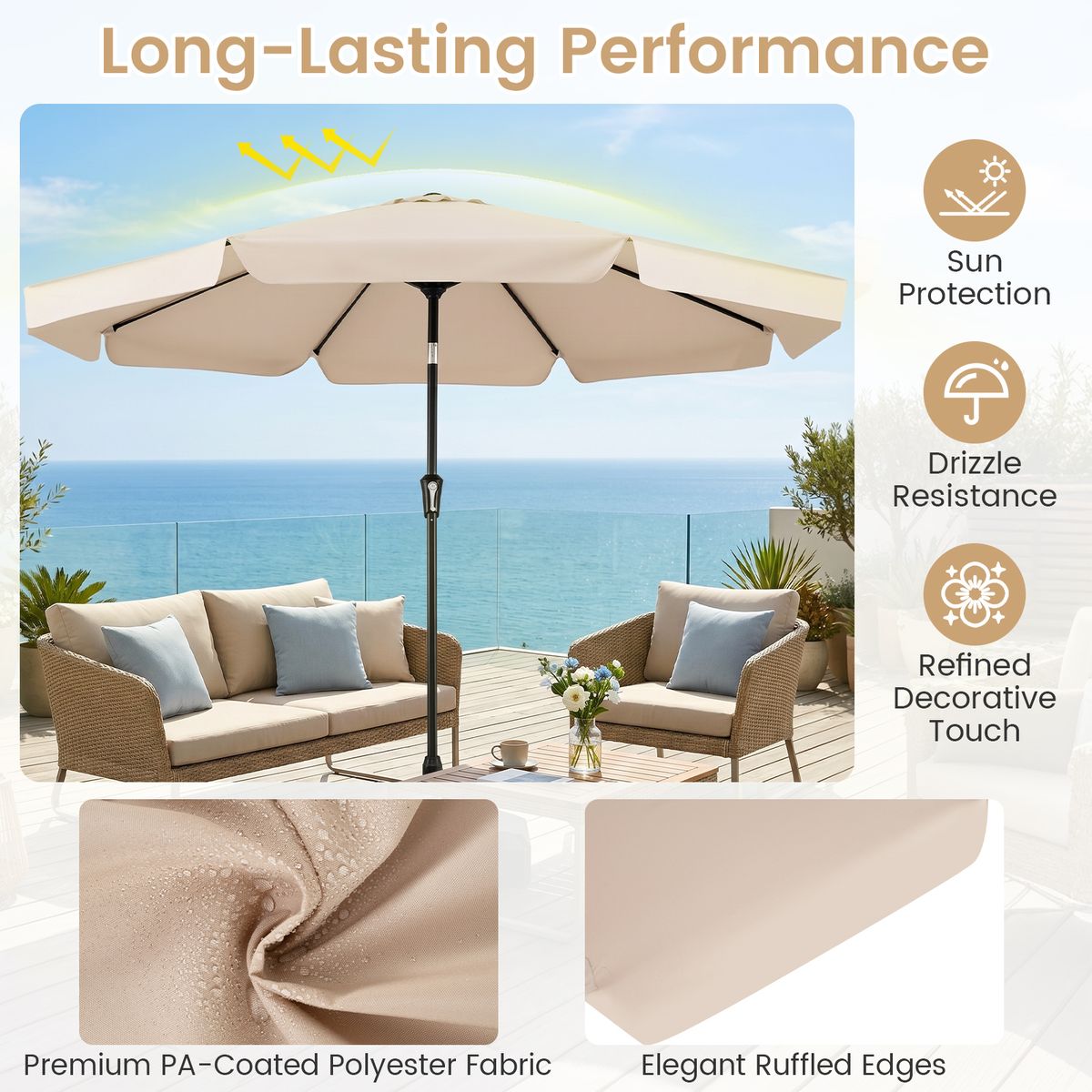 Parasol Coast inclinable - 3 mètres de diamètre - mât métallique - beige