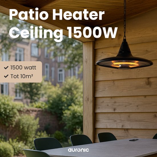 Auronic Terrace Heater - Chauffage infrarouge - Suspendu - 10m2 - Electrique - 1500W - Télécommande - Noir