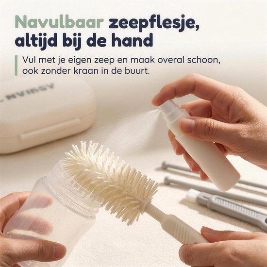 Kit de brosses pour biberons Numsy « On The Go » - Brosse pour biberon en silicone - Brosse pour biberon longue