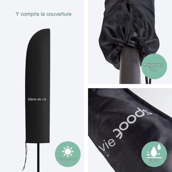 Parasol LifeGoods, Ø300cm, imperméable, avec housse et base en croix, Taupe