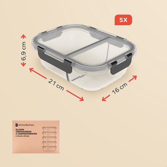KitchenBrothers Meal Prep Trays Set - With Separation - Glass Food Storage Trays - Two Compartments - Airtight - BPA Free - Freezer Trays - Storage Trays - 5L - Glass - 5 Pieces
