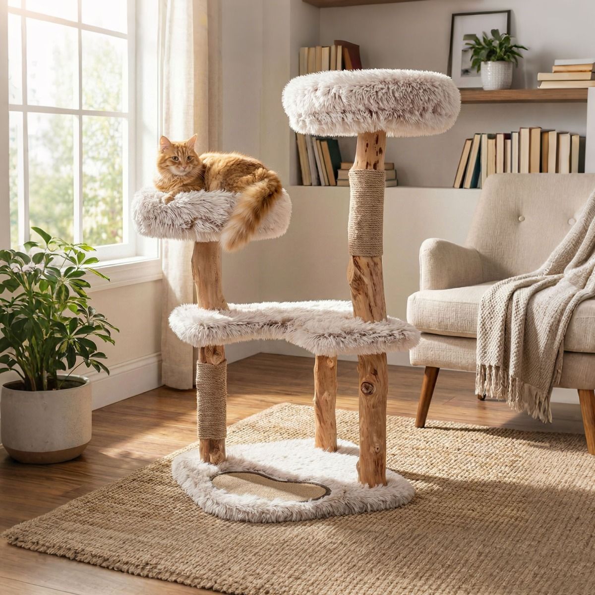 Arbre à griffer Coast en bois massif - avec coussins en peluche - deux poteaux en jute - naturel et blanc - 48 x 48 x 101 cm