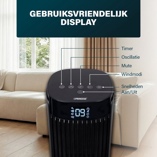 Ventilateur colonne Princess DC 91 cm – Ultra silencieux – 12 vitesses – 4 modes de ventilation – Oscillation à 90° – Minuterie 1 à 24 heures – Avec télécommande – Noir - 352370