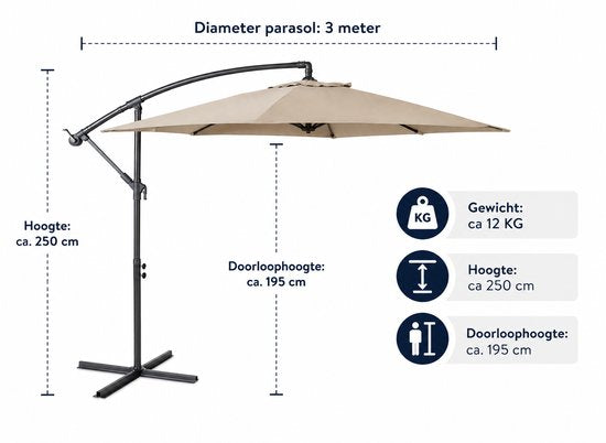 Nexxt Banana Parasol 3 mètres - Parasol à pied central avec housse et pied en croix en acier - Taupe